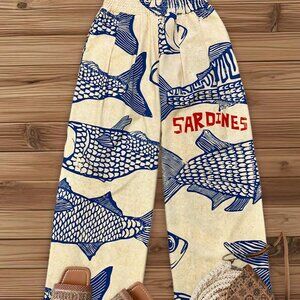 Casual Women's Vacation Wide Leg Pants with Fish Print Waistband